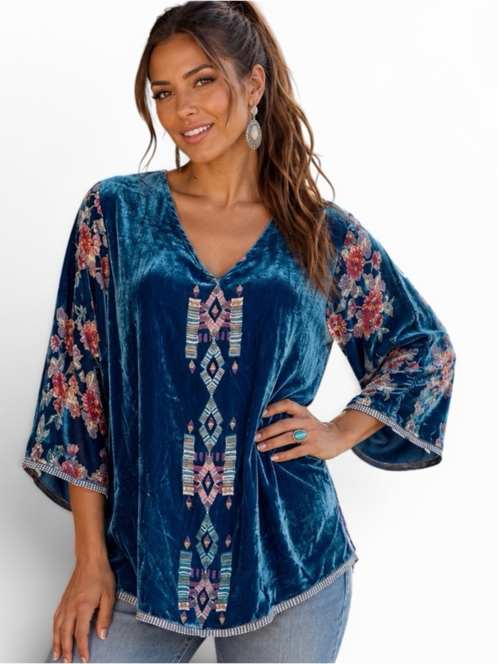 Johnny Was Fabiana Aztec silk velvet Burnout tunic NWT